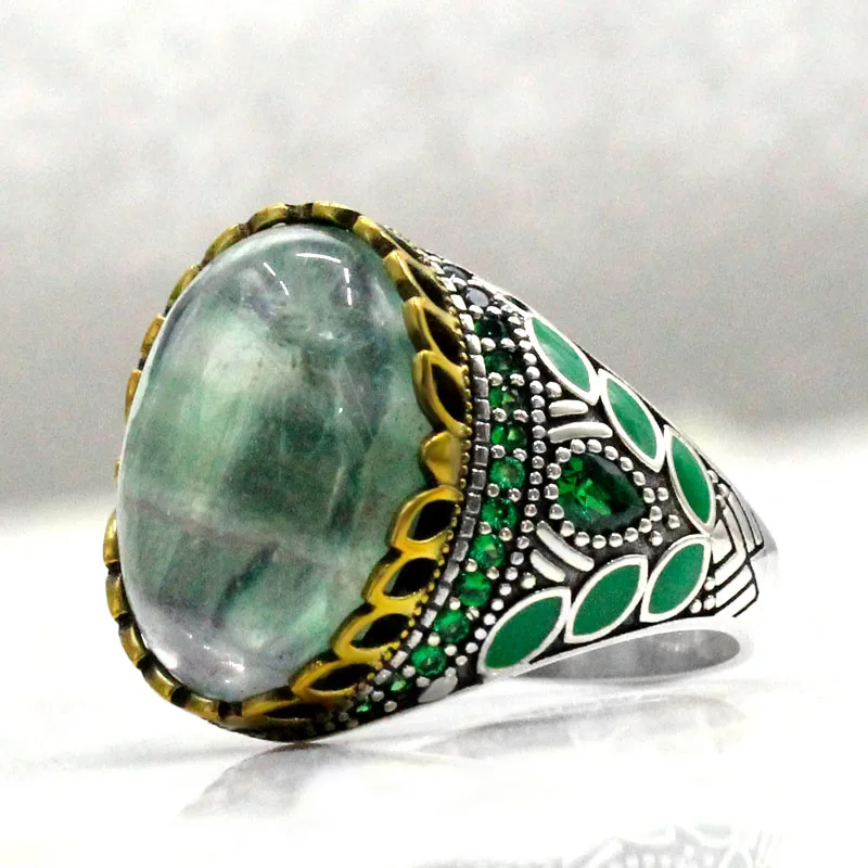 New 925 sterling silver fluorite luxury men's handmade ring gift retro luxury religious Muslim Islamic jewelry