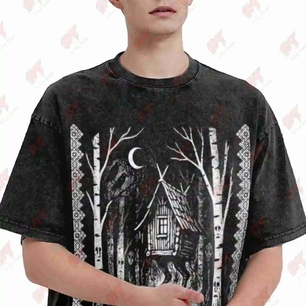 Baba Yaga Hut Slavic Folklore Occult Forest Witch Vintage Washed Tee Pure Cotton T-Shirt view 2