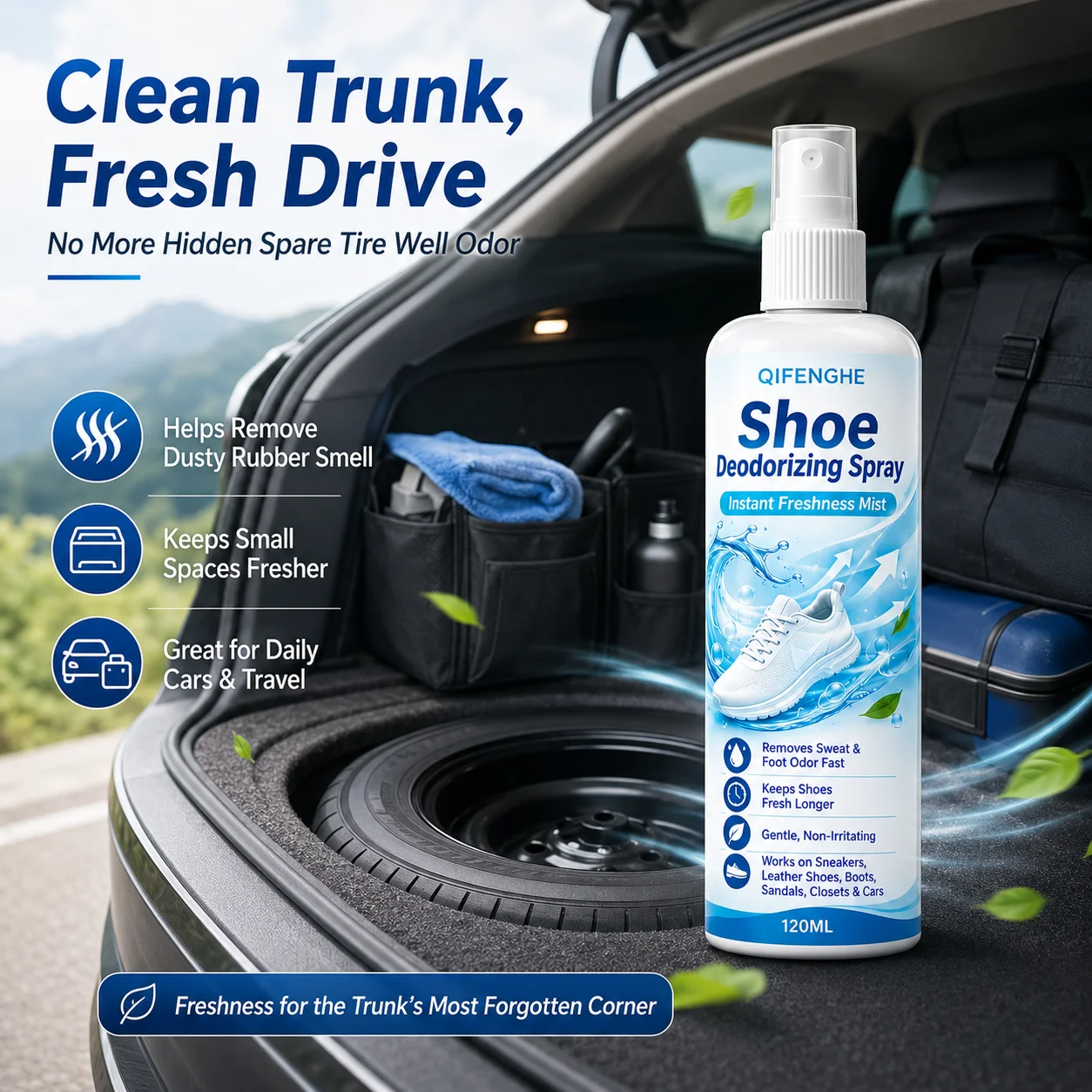 Shoe Deodorizing Spray 120ml - Instant Odor Eliminator for Trunk Spare Tire Wells, Cars, Closets & Shoes