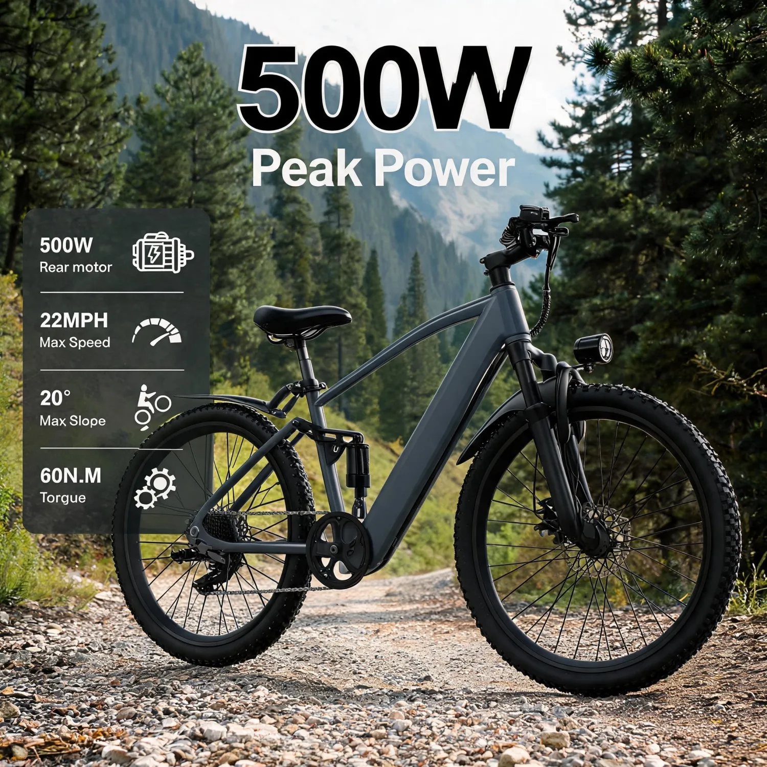 Rough Terrain E-Bike, Fat Tire Electric Bike. 500W ebike with pedal assist and removable battery resists skidding on wet muddy ground for safer outdoor riding.