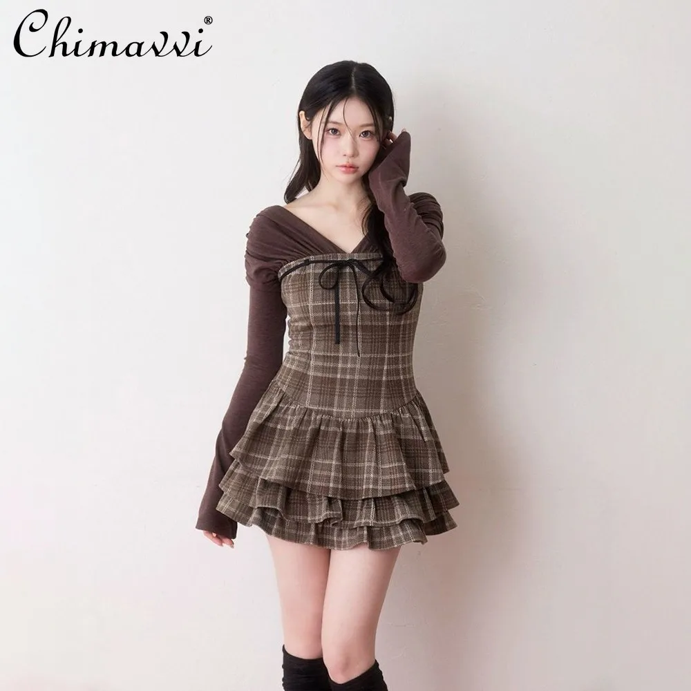 

Japanese Sweet Fake Two-Piece Plaid Layered Patchwork V-Neck Long Sleeve Dress 2026 Spring Fashion Elegant Women's Short Dress