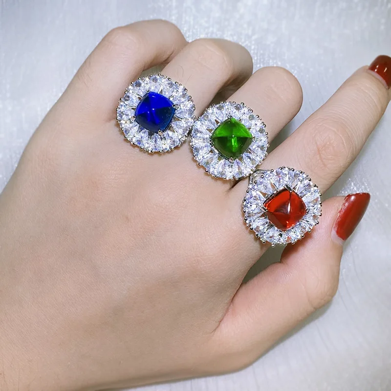 New Jewelry Wholesale Imitation Color Treasure Ring Retro Sparkle Diamond-encrusted Ladies Flower Ring Party Birthday Gift