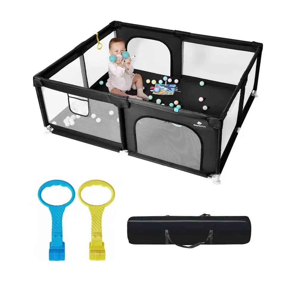 Extra Large 71x59 Baby Playpen with Steel Frame, Toddler Activity Center, Safety Gate, and Toys (Black)