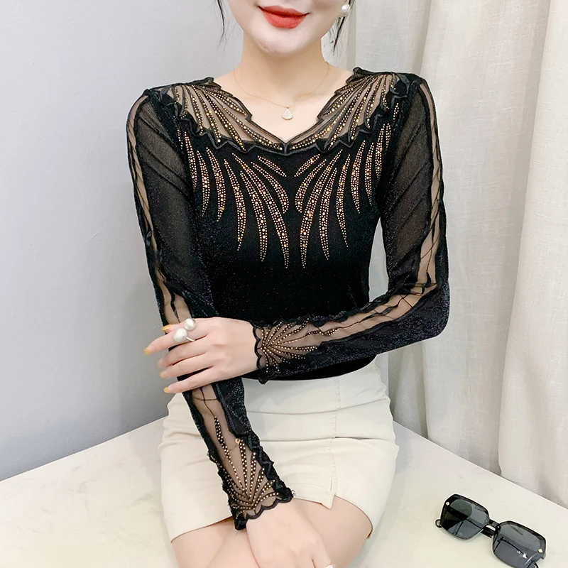 2025,New,Spring,European,Clothes,Mesh,T-Shirt,Chic,Sexy,V-Neck,Patchwork,Lace,Diamonds,Women,Tops,Long Sleeve,Drilling,Tees,5803