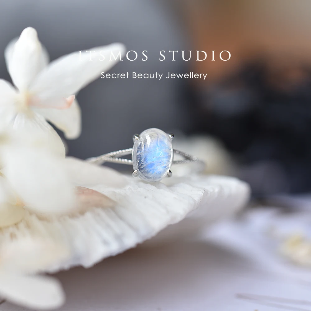 

ITSMOS Moonstone Luxury Rings Natural Gemstone Hollow Band Jewelry Top Blue Light Crystals Oval for Womens Lover Rings Gift