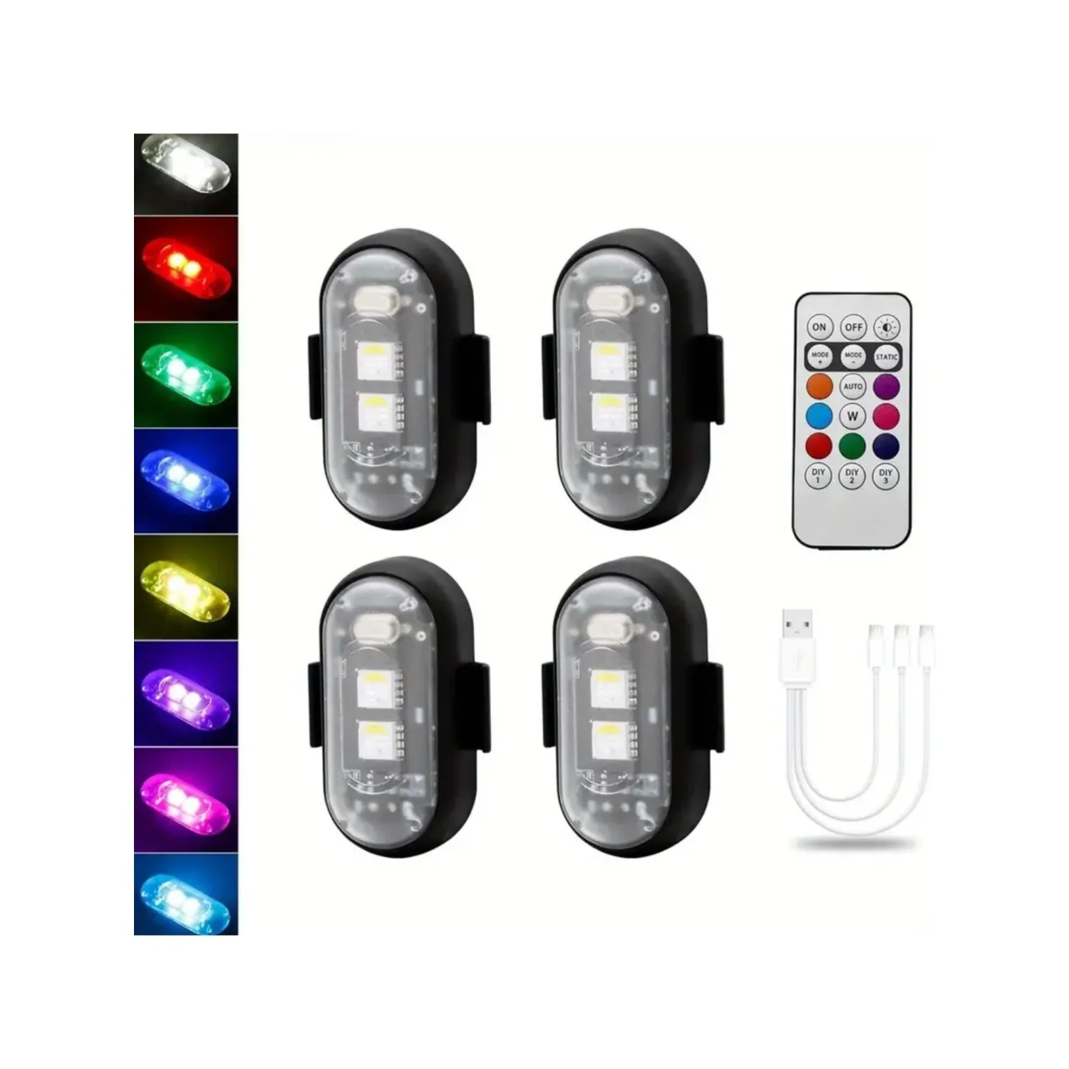 4 Pack Wireless LED Flash Light, 8 Color USB Rechargeable Anti-collision LED Flash Light for Car, Motorcycle, Drone, Bicycle