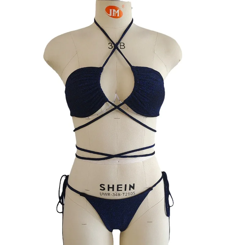 2025 nuevo Bikini Sexy con Tanga y cuello Halter, conjunto de Bikini unicolor de 2 piezas, traje de baño Bandage para mujer, Tankini, ropa de playa, traje de baño para mujer