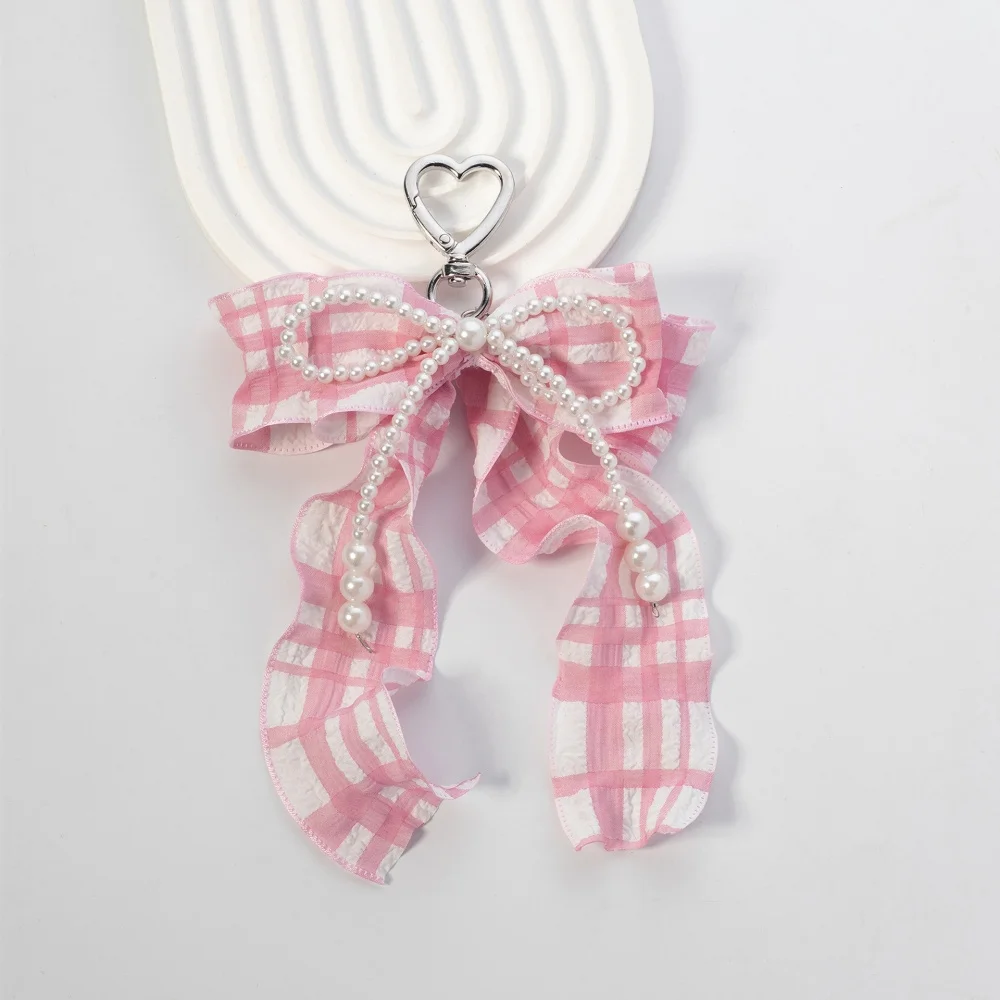 Women's Bag Pendants Pearl Plaid Pleated Ribbon Bow Sweet Kawaii Bag Charms High-quality Multifunctional Keychains For Girls
