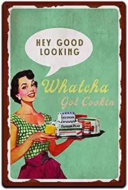 JP's Parcels Tin Signs Kitchen Wall Décor - Metal Sign for Dining Room Home Cook or Chef 12 x 8 in. Hey Good Looking Whatch sign