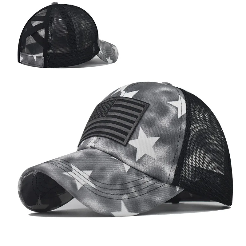 

100% Cotton Washed Hole Five-Pointed Star Baseball Hat Trendy Curved Brim Ponytail Trucker Hat