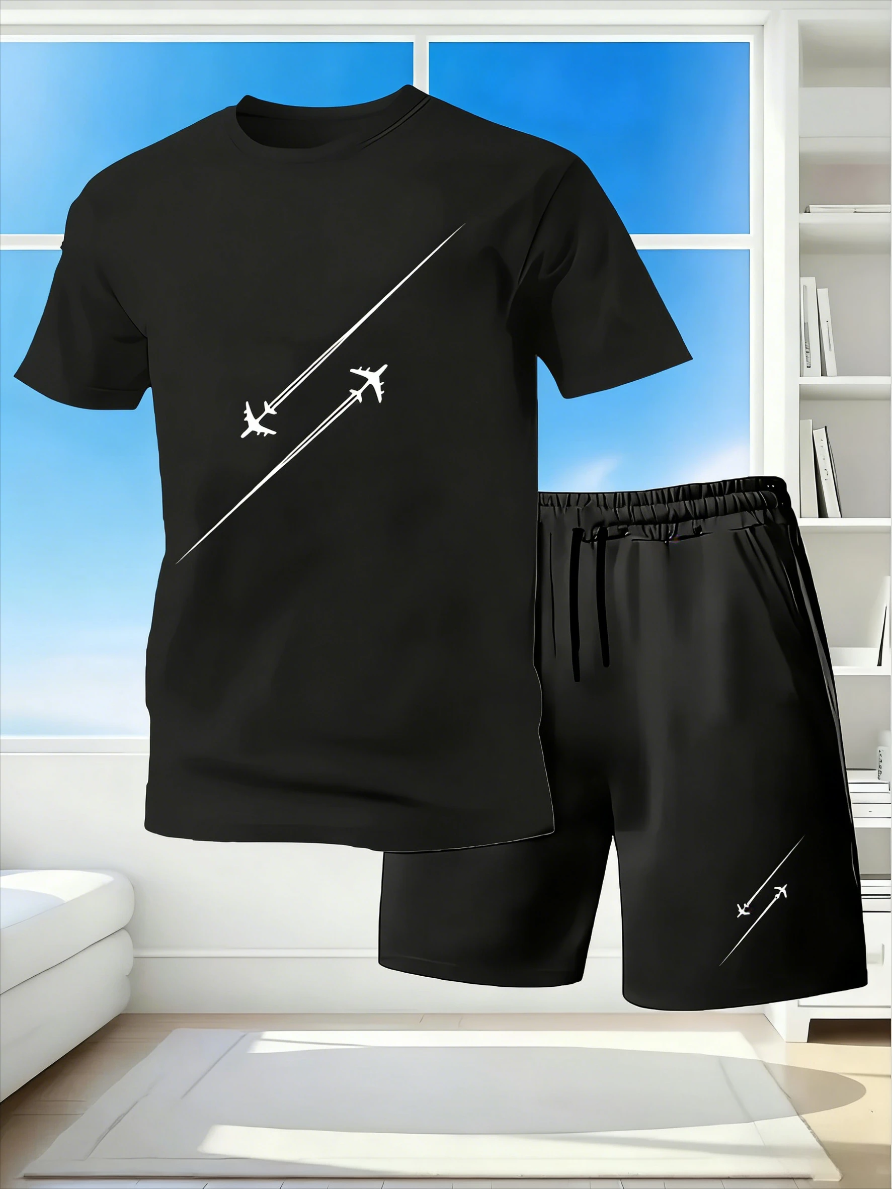 

2026 new Men's Plane Silhouette Print 2-Piece Set, Summer Casual Loose Drawstring Shorts & Tee, Cool Streetwear Outfit
