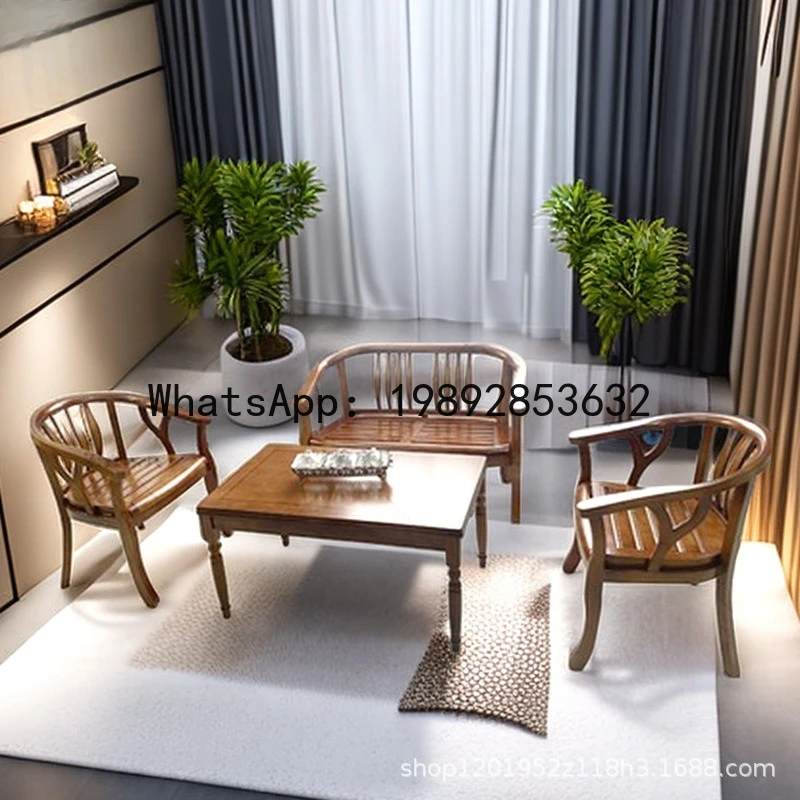 CZ Solid Wood Sofa Hotel Cafe Four-Piece Set Armchair Full Solid Wood Rectangular Armchair Table Set