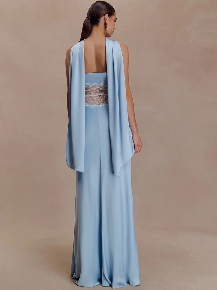 فستان JULISSA MO مثير بدون حمالات من الدانتيل الشفاف للنساء بدون ظهر وياقة وشاح فستان شتوي نحيف أنيق للحفلات المسائية