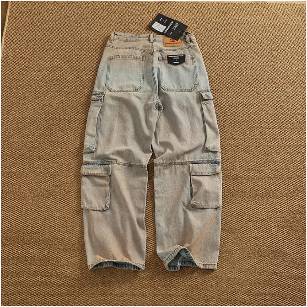 Heavy dirty wind heavy duty motorcycle jeans men's high street style heavy wash multi-pocket work loose straight pants