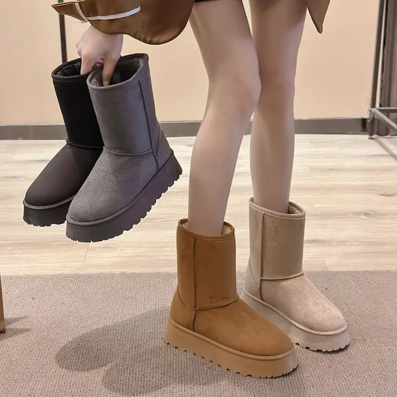 2025 Botas De nieve De invierno para Mujer, Botas De plataforma antideslizantes De gamuza sólida, Botas De fondo plano informales cálidas De terciopelo De diseñador, Botas De Mujer