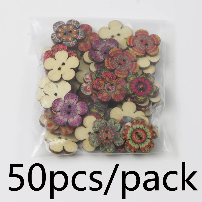 (50 Pcs/pack) 2cm Vintage Plum Blossom Buttons 2-hole Wooden Button Craft Sewing Scrapbook DIY Decoration Vintage Color Printing