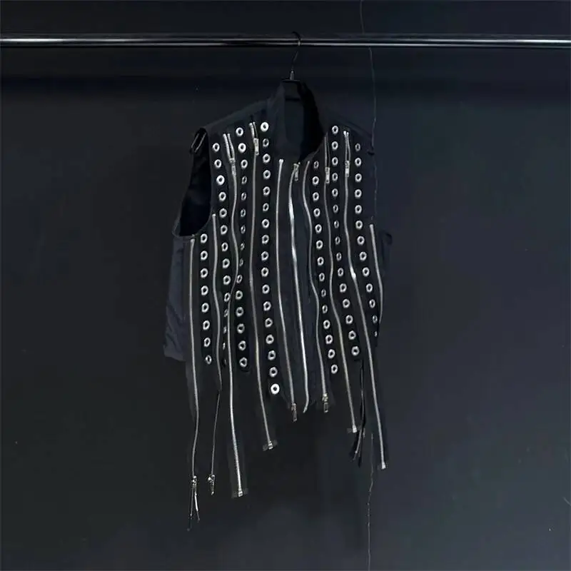 Stand Collar Eyelet Rivet Multi Zip Irregular Hem Waistcoat Mens Sleeveless Niche Punk Dark Gothic Autumn New Vest FV4F