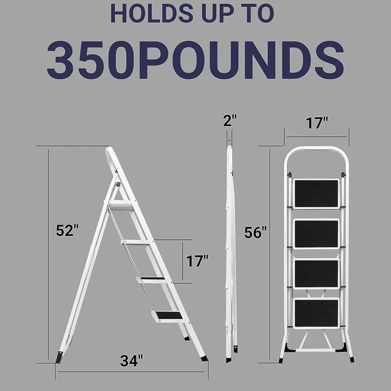 Escada portátil dobrável de aço de liga de 4 degraus com aperto de mão e mecanismo de travamento seguro para uso interno ou externo, branca