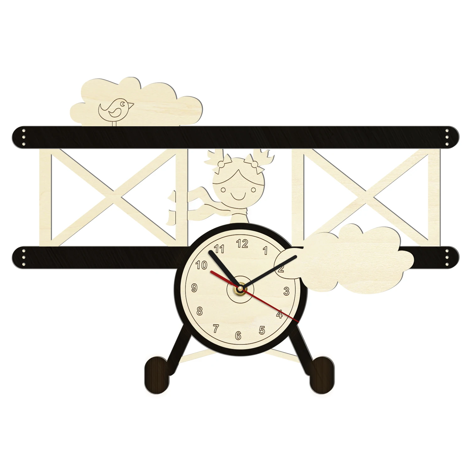 

Laser Cut Airplane Wooden Wall Clock With Custom Name for Nursery Kids Room Personalized Wall Clock Silent Quartz Swept Movement