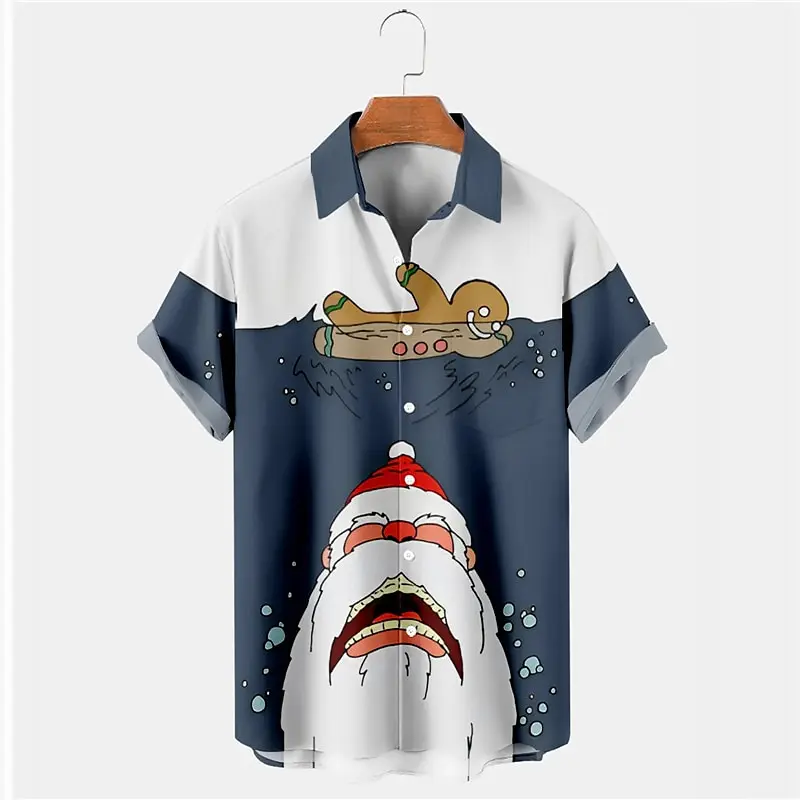 Camicia natalizia casual con stampa 3D di Babbo Natale e omino di pan di zenzero Cardigan con risvolto da uomo Camicia da uomo di Capodanno allentata casual di alta moda