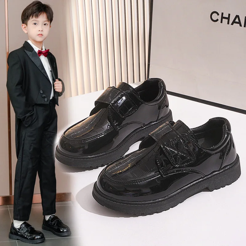 

Spring Autumn Children Fashion Korean Version Black Middle School Boys Leather Soft Soled Shoes Performance Shoes Campus Velcro