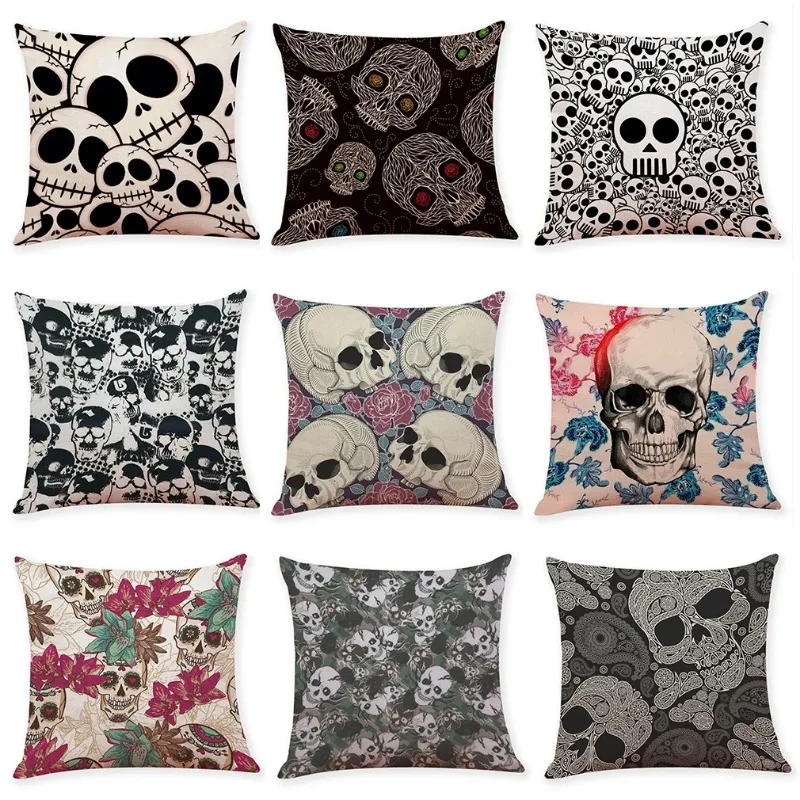 Funny Skull Pillow Case Flower Skull Linen Pillowcase Decor Home Decorative Pillows for Sofa Bed Couch Chair Pillow Cover 45x45