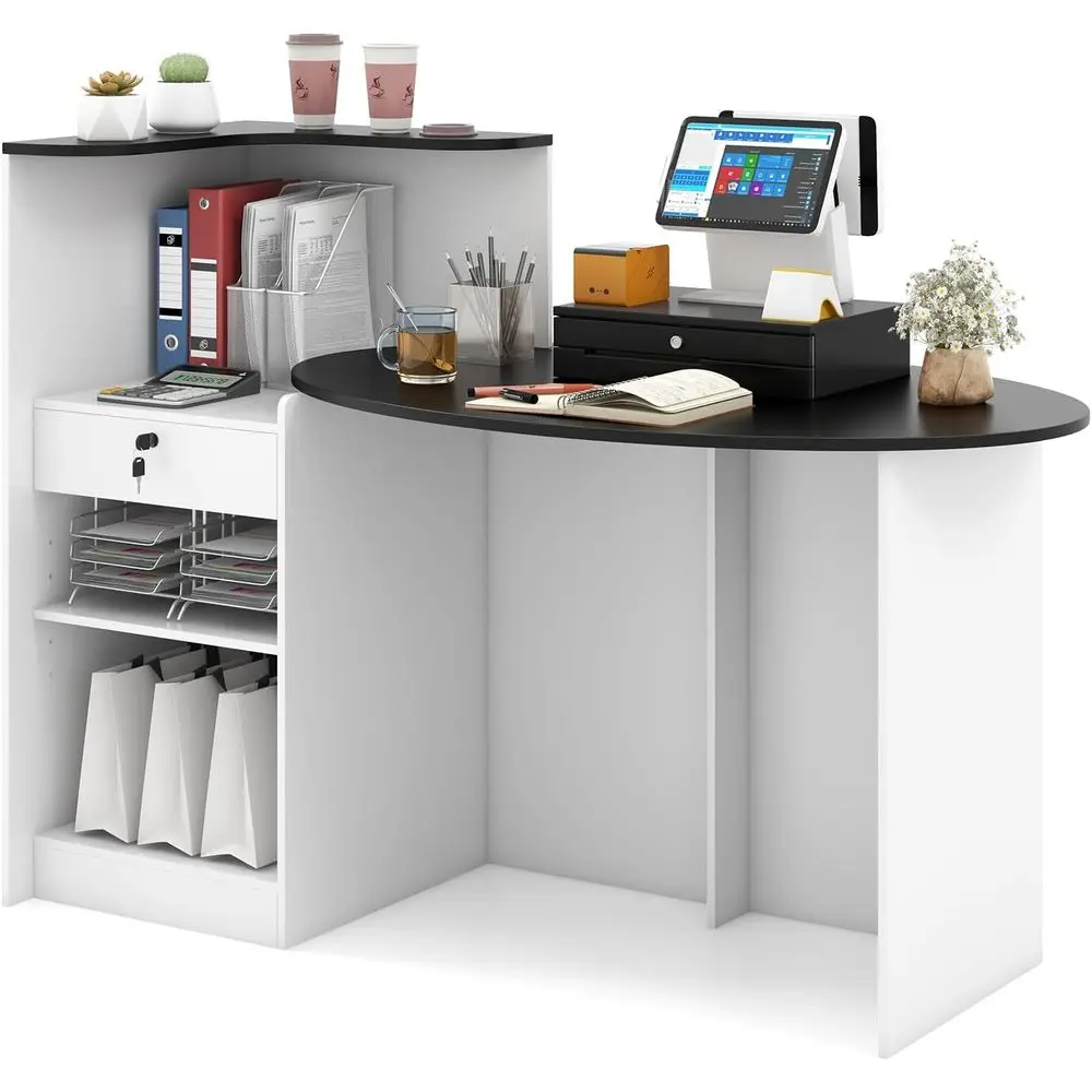 Desk with Lockable Drawer & Adjustable Shelf, Front Counter with Oval Tabletop, Retail Register Stand, Office Computer Desk or H
