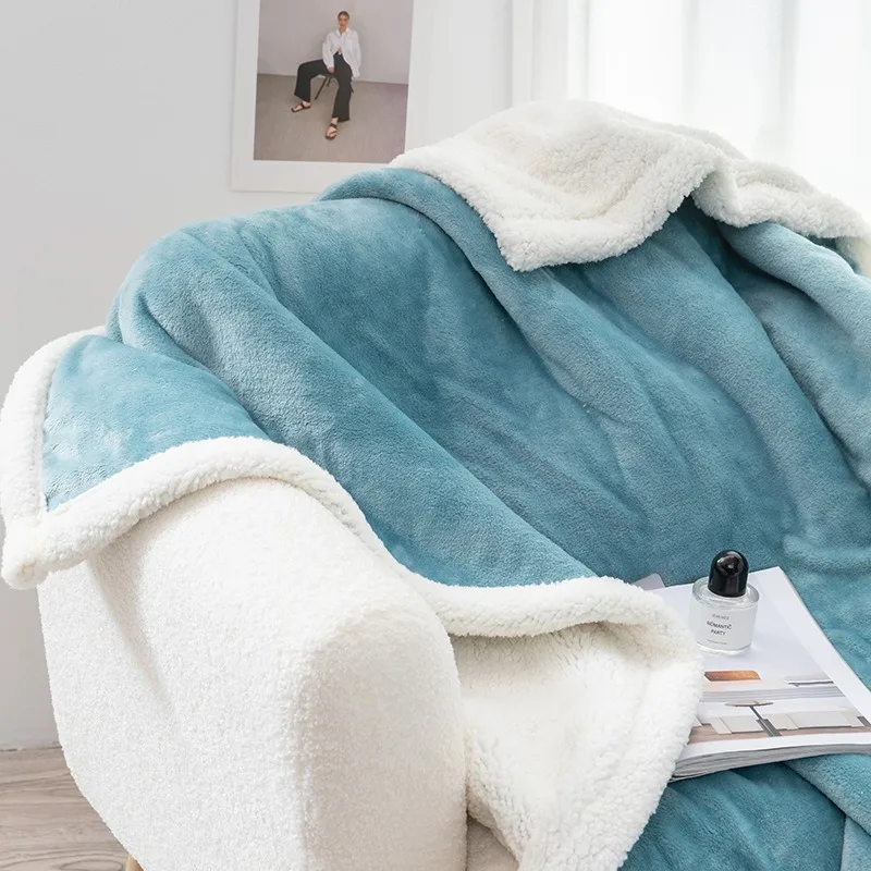 Solid Color Double Layer Lamb Plush Blanket Coral Velvet Bed Sheets and Quilts Thickened Air Conditioning Cover Throw Travel Car