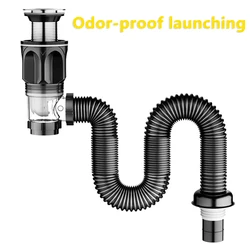 Flexible Sink Drain Pipe, Expandable Tubular Drain Tubing Pipe, Adjustable P Trap For Kitchen Sink Drain & Garbage Disposal, Bla