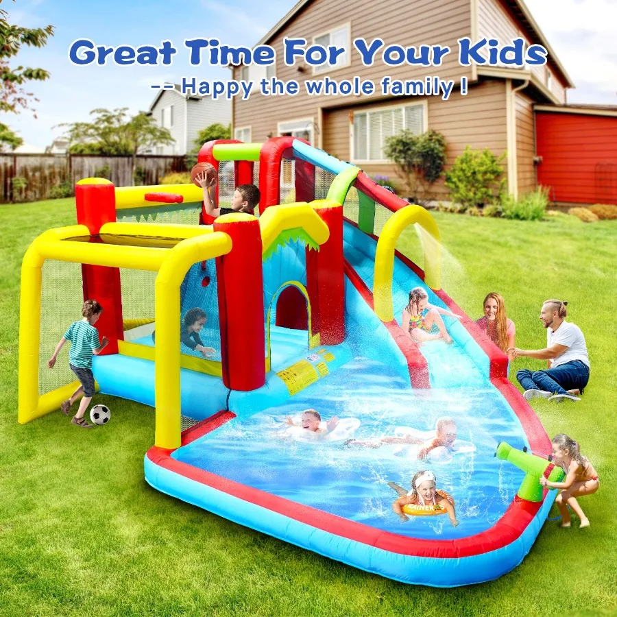 Parque aquático inflável 7 em 1, casa saltando, jardim de futebol ao ar livre, bouncer com respingo, piscina, pistola de água, parede de escalada, basketb