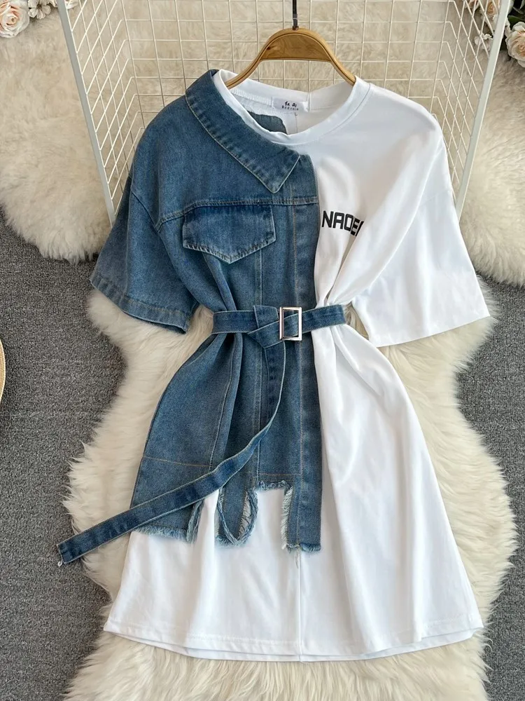 

Summer Vintage Patchwork Denim T-Shirts Dress Women Pullover Fashion O-Neck Short Sleeve Shirt Dresses With Casual Loose Dress