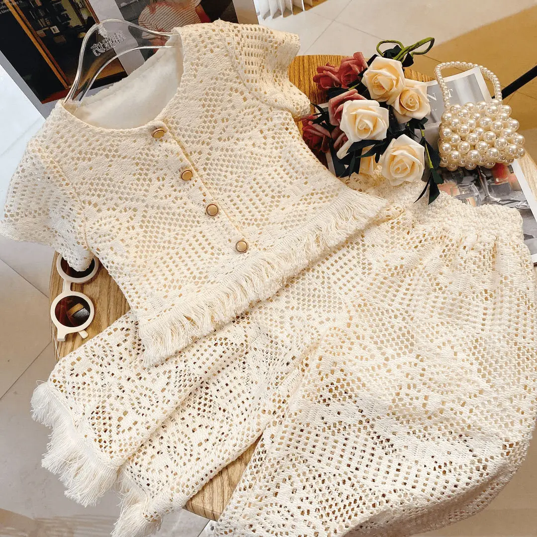 Girls Summer Set 2025 Lace Hollow Hook Flower Fashionable and Stylish New Children Small Fragrance Style Two Piece Set Trendy