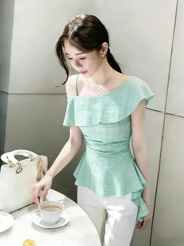 

Mint Green Women's Shirt Summer New High-End Elegant Style Side Shoulder Lace Trim Waist-Cinching Top Casual Loose Fit Long S...