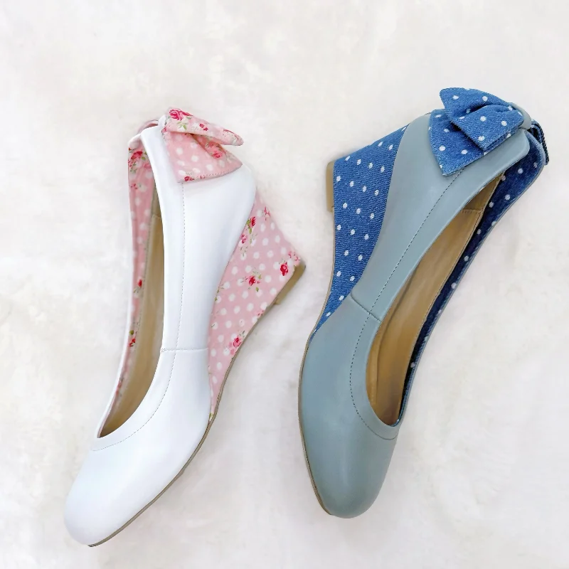 2026 New Women High Heels Sweet Floral Denim Bow Wedge Lolita Retro Ancient Style Elegant Low Top Casual Single Shoes