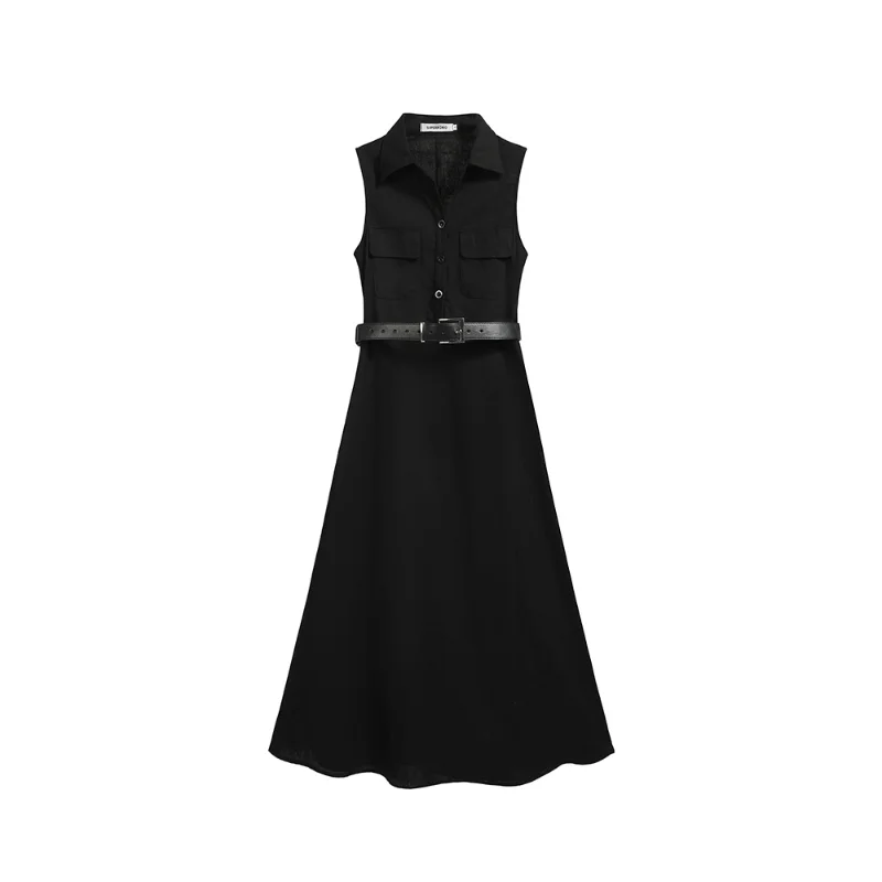 Femmes printemps été col de chemise sans manches robe longue avec ceinture élégant décontracté Vintage élégant bureau dame Blouse robe