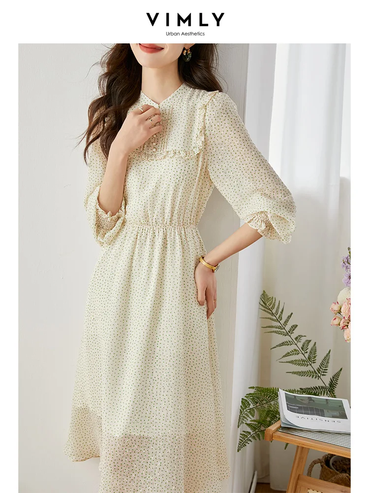 

Vimly Elegant Fairycore Birthday Dresses for Women 2023 A-line Slim Fit Flare Sleeve Stand Collar Long Sleeve Dinner Midi Dress