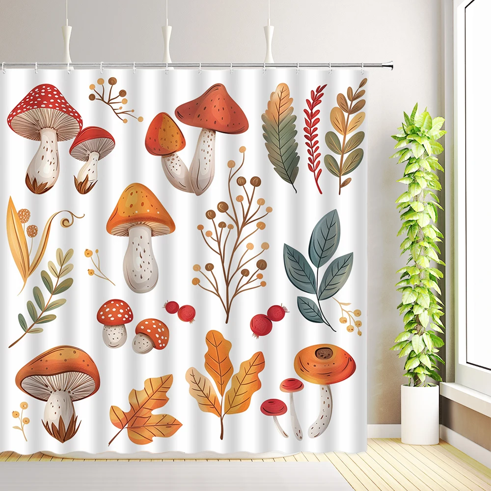 Vintage Mushroom Shower Curtain Flowers Butterfly Plants Forest Animal Green Leaf Bath Curtains Fabric Bathroom Decor with Hooks