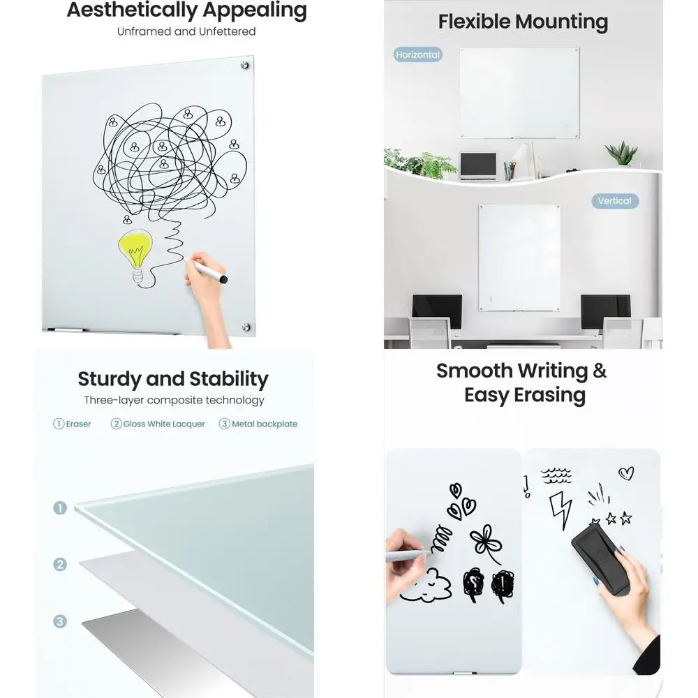 سبورة بيضاء زجاجية مغناطيسية بدون إطار مقاس 36 × 48 بوصة مع ملحقات للمنزل والمكتب والمدرسة #1