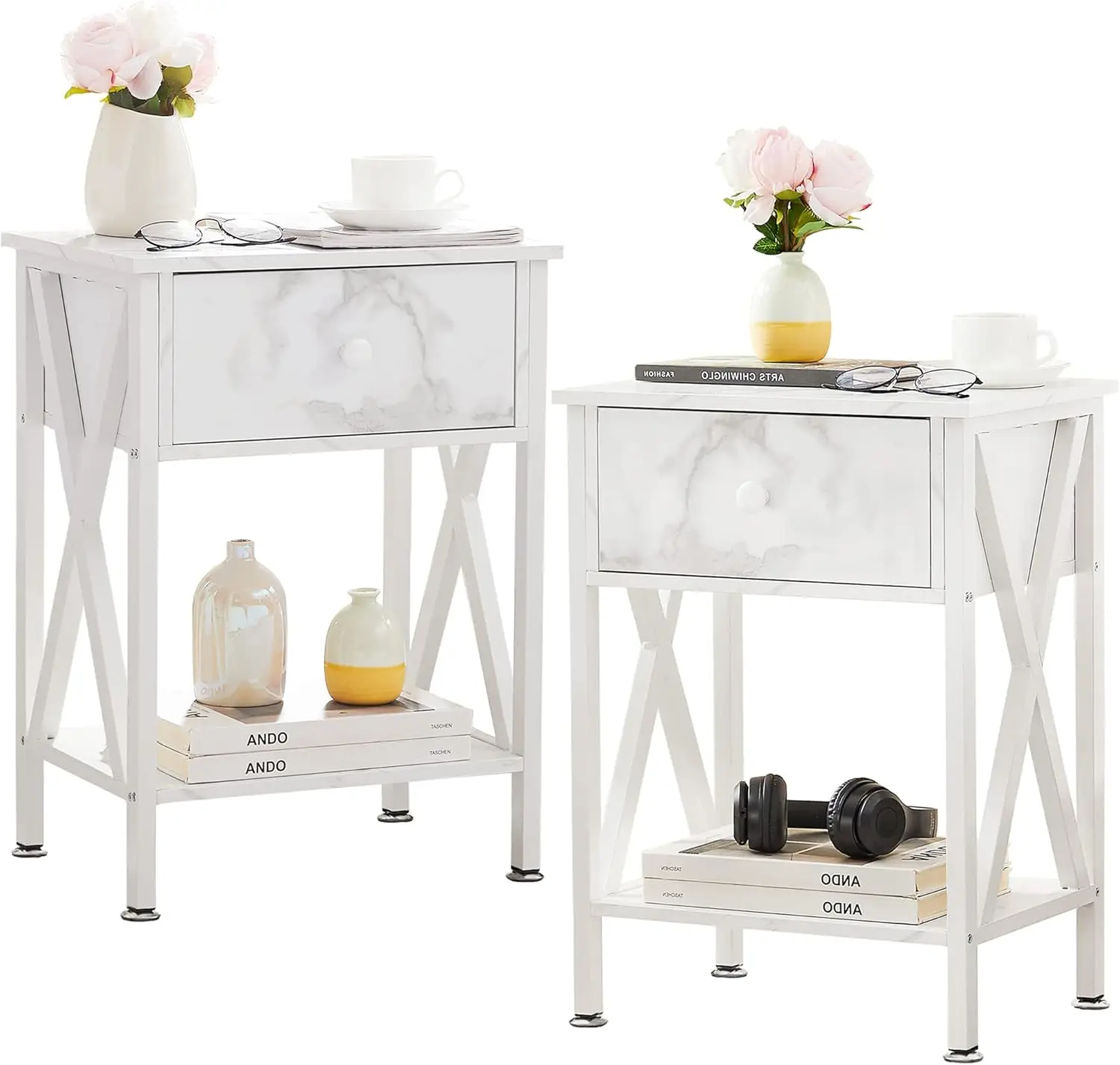 

Nightstand Modern Side End Tables Night Stand With Bin Drawer For Living Room Bedroom, Set Of 2, Industrial Metal Frame,