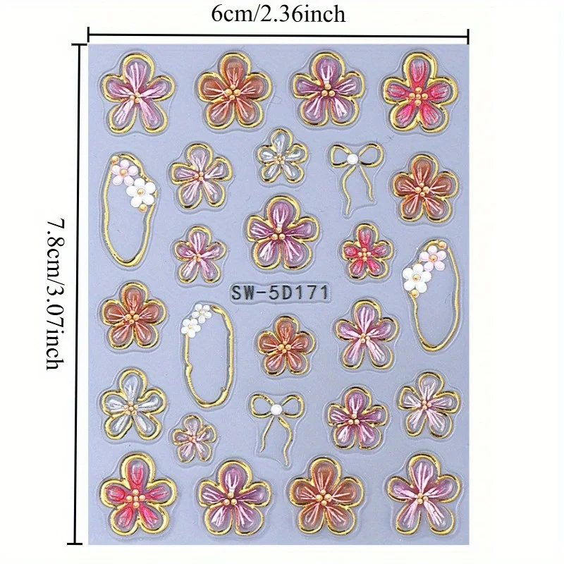1 unidad de pegatinas para uñas de flor de hibisco de línea dorada 5D, marco cuadrado asimétrico metálico en relieve, pétalos florales rosas y rojos, lazo DIY