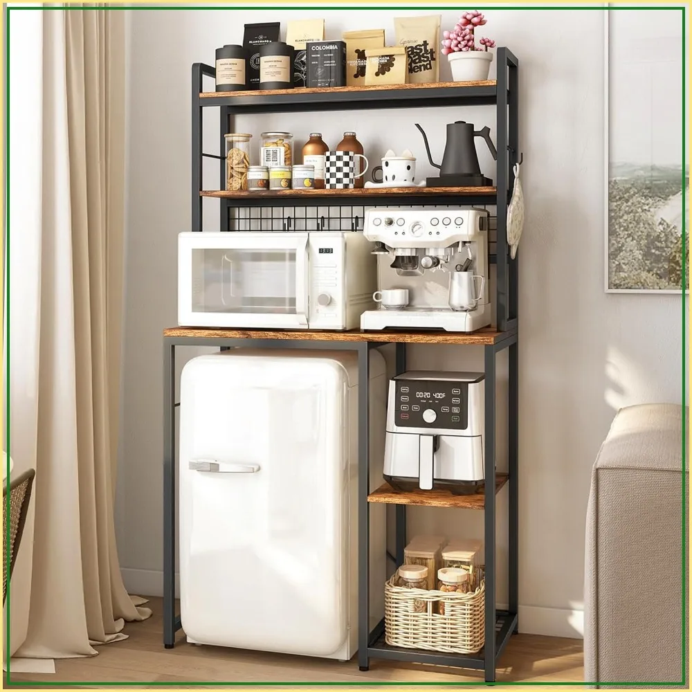 Mini Fridge Stand with Outlet, Microwave Shelf, Bakers Rack for Kitchen, Dorm, Coffee Bar
