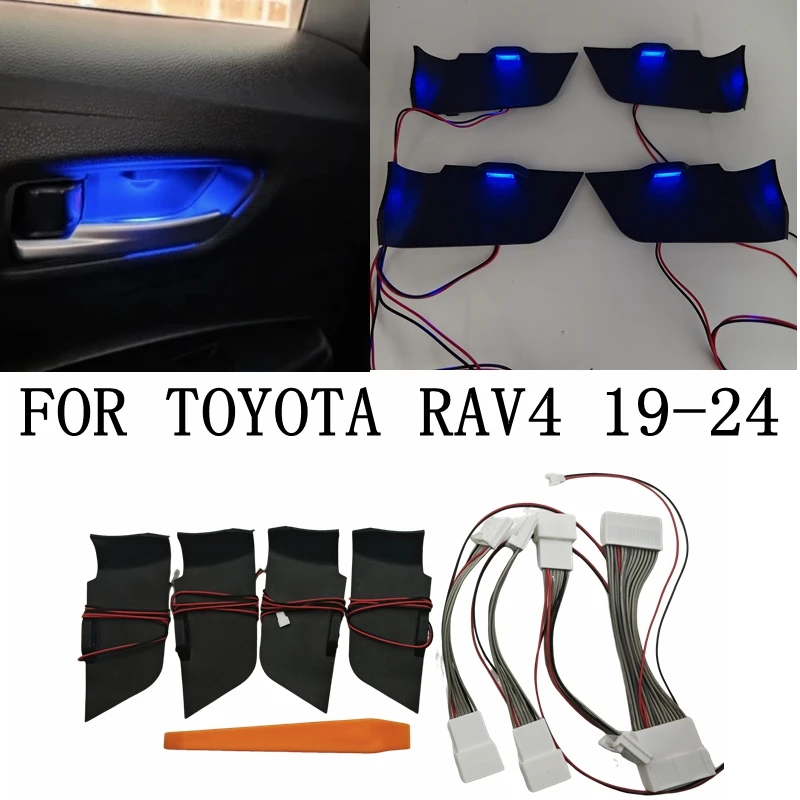 

Для Toyota RAV4 2019-2024 внутренняя дверная чаша, окружающий свет, атмосфера, лампа, ручка, подлокотник, рамка, светодиодная синяя декоративная лампа