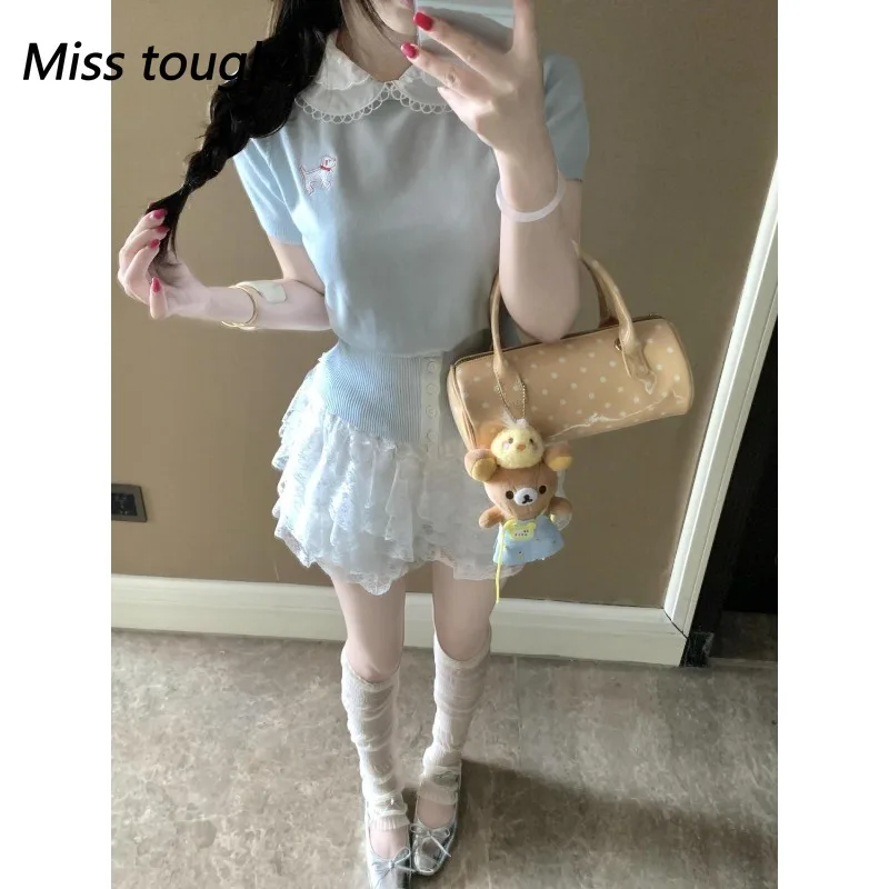 

Японский сладкий комплект из 2 предметов в консервативном стиле, женские топы с воротником «Питер Пэн» + кружевная мини-юбка Y2k, элегантная модная одежда, новинка