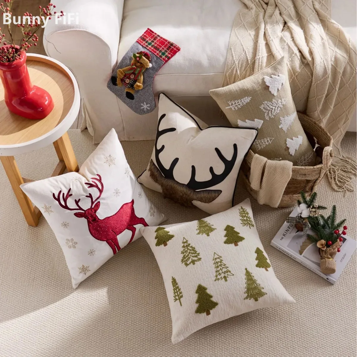 

45x45cm 30x50cm Christmas Decorative Cushion Cover Embroidered Trees Deer Snowflakes Soft Cozy For Living Room & Bedroom