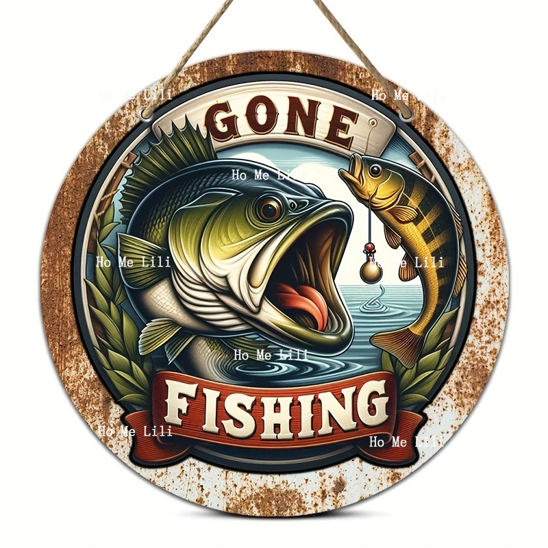 Wooden Hang Tag Sign Go Fishing Largemouth Bass Fisherman Round Wreath Logo Design Farmhouse Decor