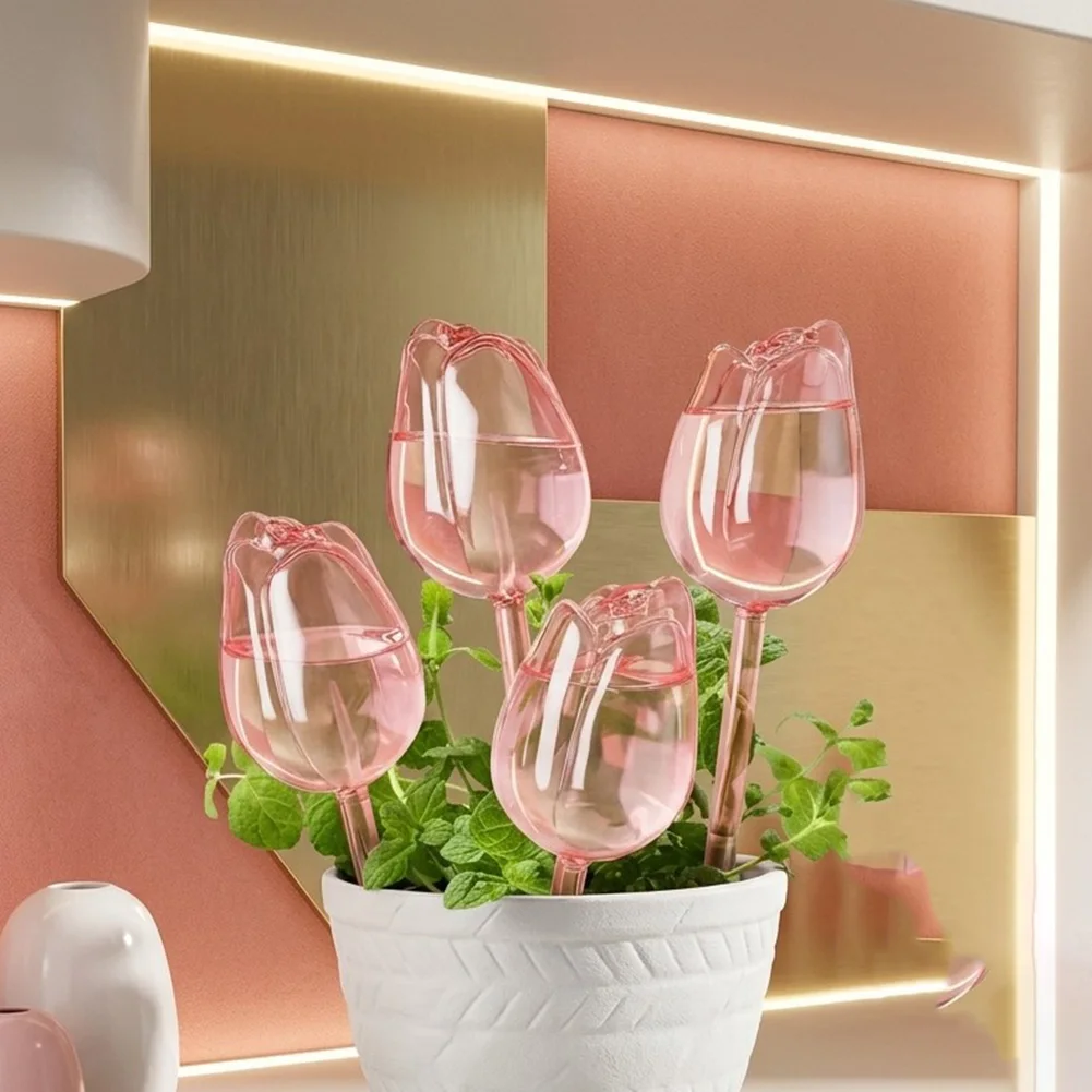 Automatic Watering Spikes for Outdoor Plants - 4 Tulip Design PVC Bulbs Supporting Up to 7 Days of Continuous Hydration for Pots
