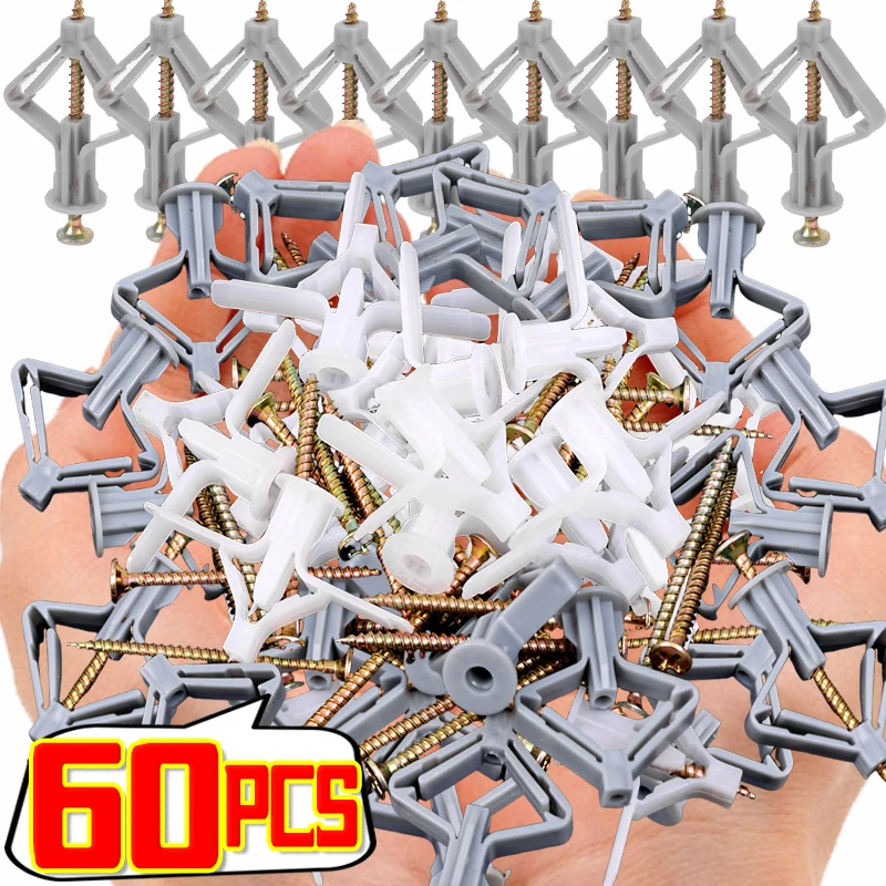 20/60PCS Plastic Toggle Anchor Wall Aircraft Expansion Pipe Plug Gypsum Board Expansion Plugs Hollow Wall Expansions Nail Screws