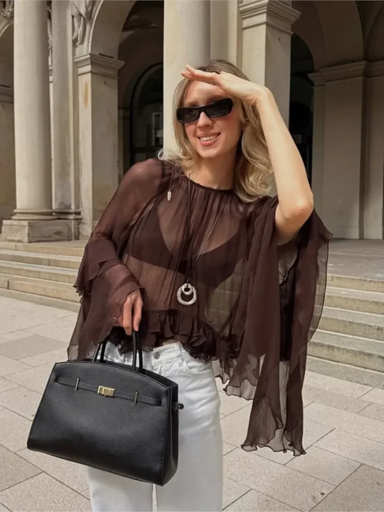 Chiffon Loose Shirt For Women Sexy See-Through Ruffles Sleeve Blouse 2025 New Summer Chic Fashion Solid Casual Round Neck Shirts