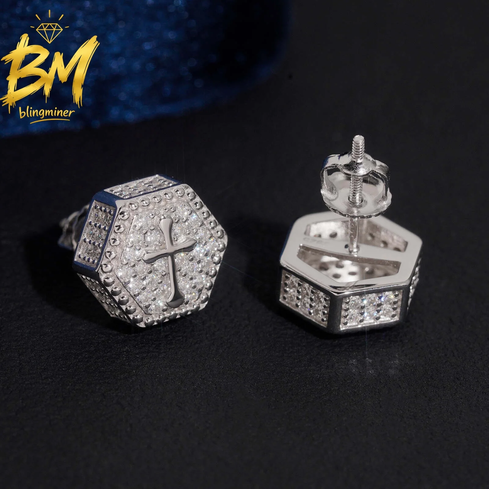 Blingminer 10mm Hip Hop Cross VVS Moissanite Earrings For Men Women S925 Silver Ear Studs Jewelry Pass Diamonds Tester GRA