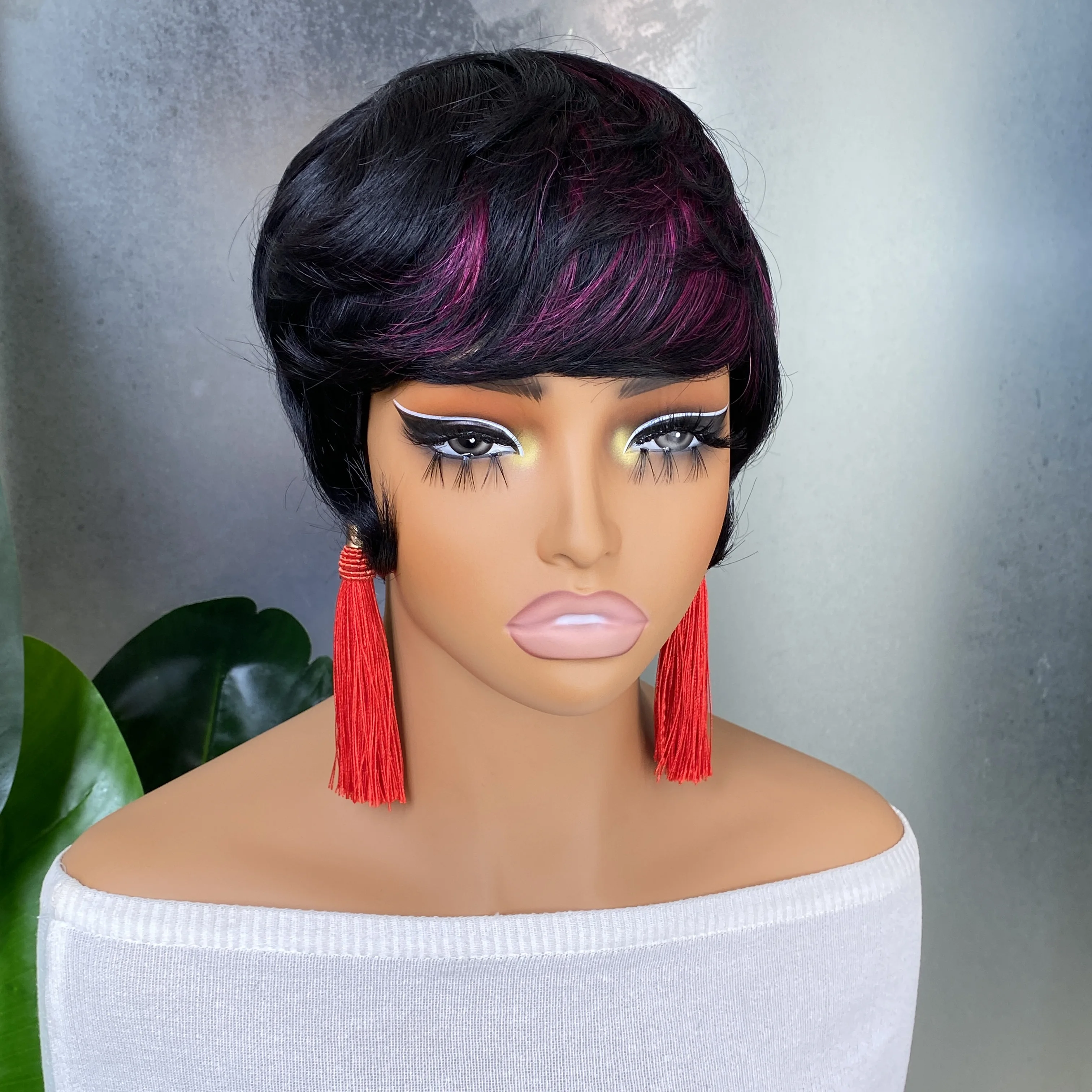 الجملة البرازيلي بيرو الهندي ريمي الشعر البشري 1B الأرجواني قصير متموج عابث قطع نمط آلة صنع شعر مستعار #3